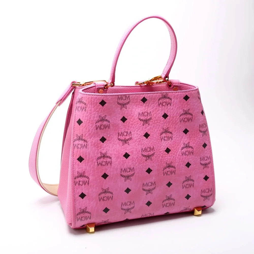 MCM Pink Visetos Structured Top Handle Satchel Like New - Picture 3 of 14
